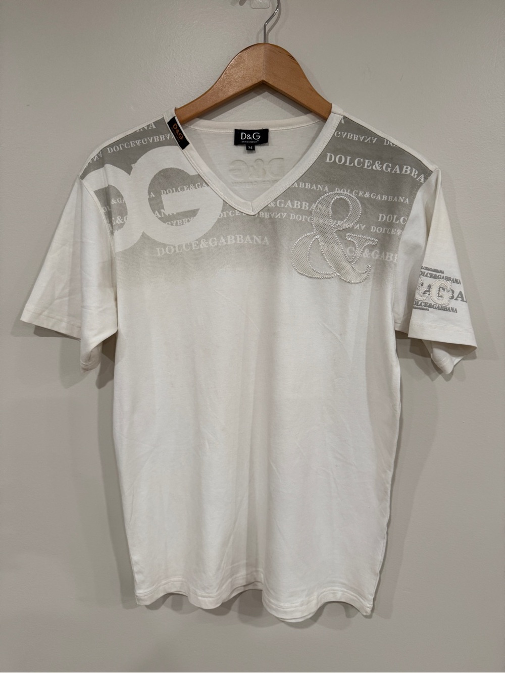 Dolce & Gabbana White V-Neck Logo Tee with Light Gray Print